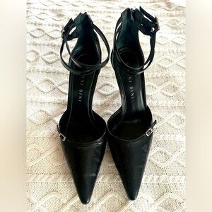 Gianni Bini Black Leather Pointed 3 inch Heels with Double Straps